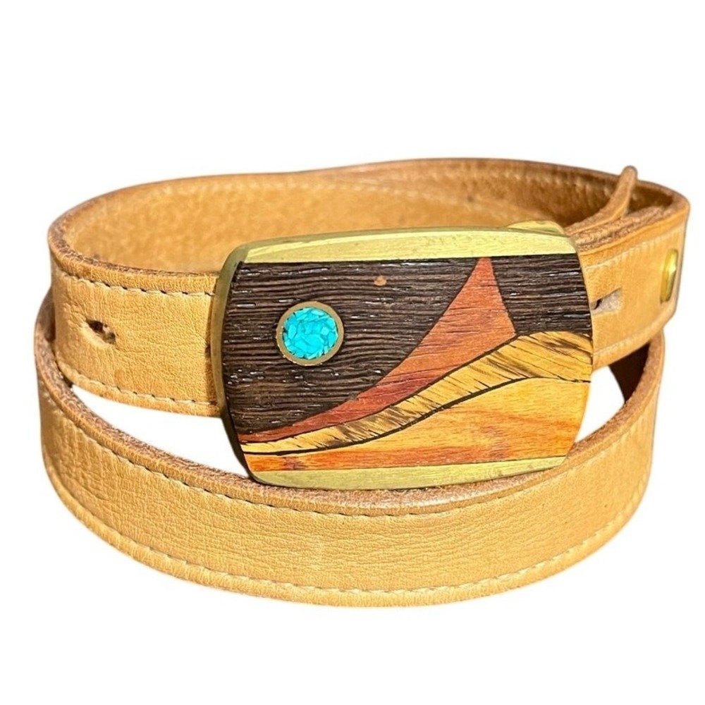 Vintage Belt Buckle Masterpiece David Stewart Inlaid Wood‎ Turquoise w Belt